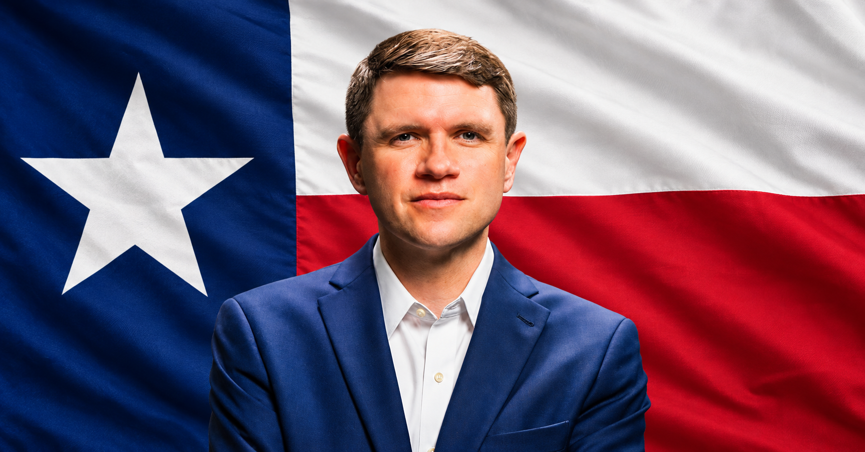 An editorial portrait of James Talarico with the Texas flag in the background